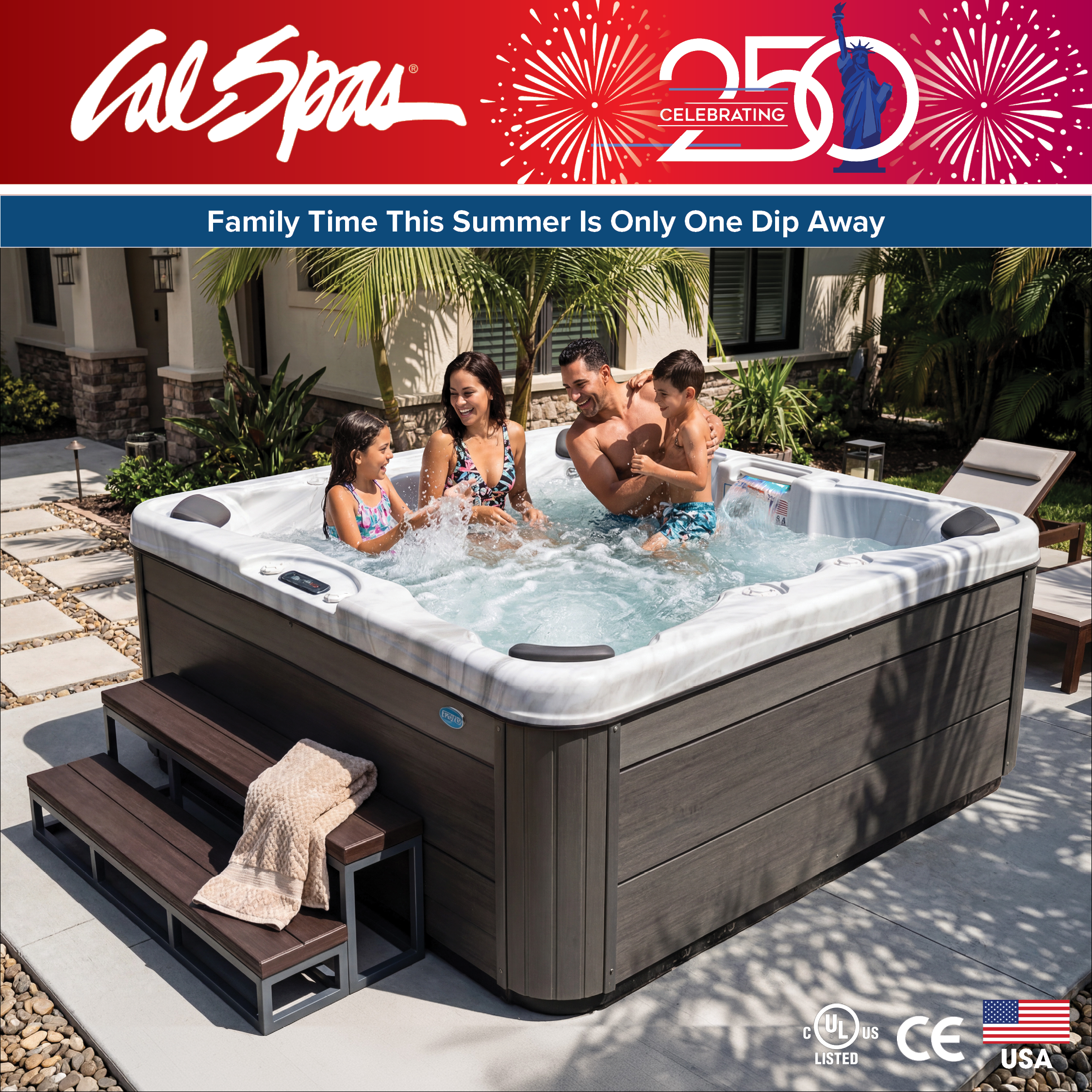 Calspas hot tub being used in a family setting - Candé